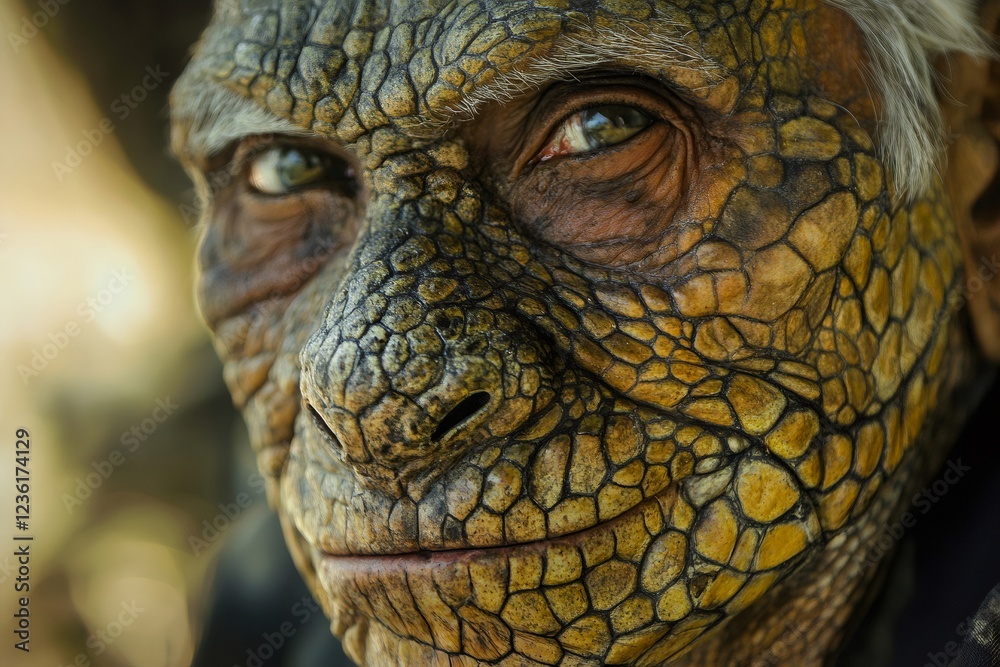 Close up portrait capturing an elderly man with a rare skin condition characterized by lizard like scales, showcasing unique texture and detail Close up portrait capturing an elderly man with a rare skin condition characterized by lizard like scales, showcasing unique texture and detail