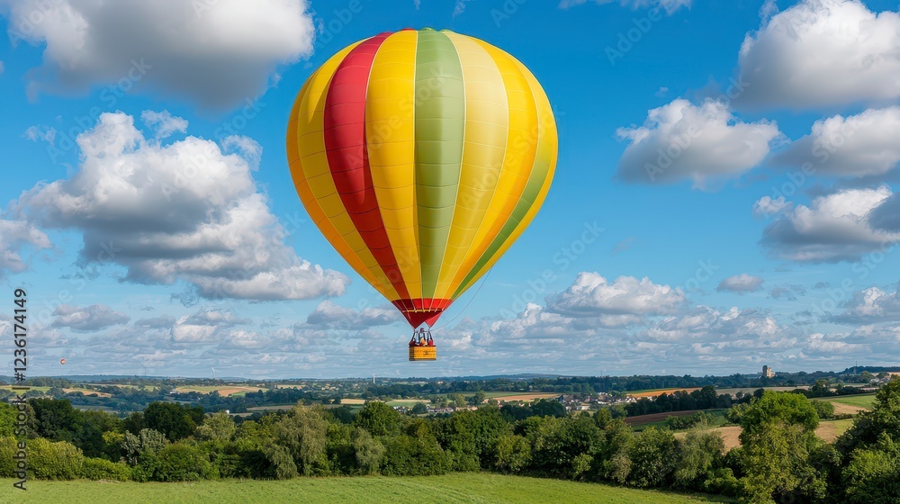 Fototapeta premium Colorful Hot Air Balloon Soaring Over Rolling Green Hills