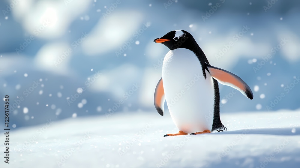 Fototapeta premium Adorable Gentoo Penguin Standing on Snowy Landscape in Antarctica