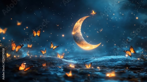 Magical Night Scene with Golden Moon and Fluttering Butterflies in Ethereal Atmosphere Understarry Sky