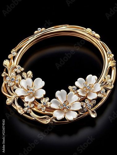 Elegant gold floral bracelet with white petals, set against a dark background. photo