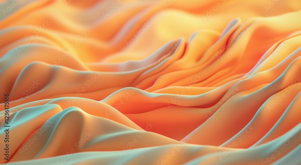 Obraz premium Abstract waves, flowing curves, orange and red ribbons, smooth gradients, ethereal background, soft lighting, minimalist design, dynamic movement, fluid forms, atmospheric composition, delicate