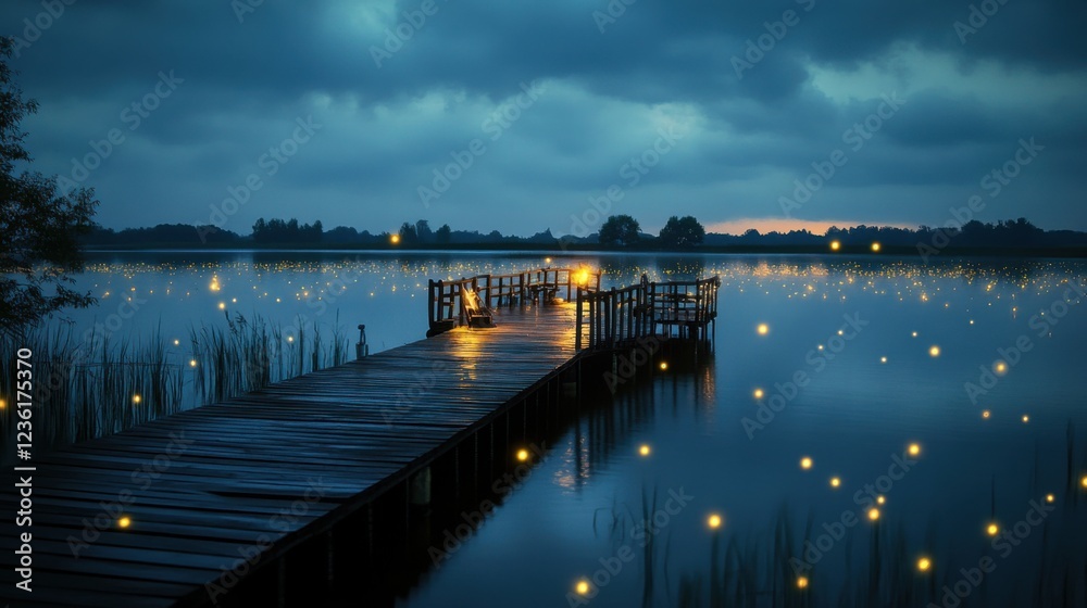 Obraz premium Serene Twilight Scene at a Lake with Pier and Glowing Fireflies Illuminating Calm Waters