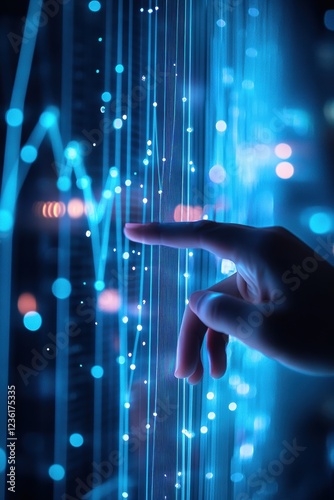 Finger touching virtual data analytics graph with glowing lines and dots, showcasing technology, finance trends, market analysis, and digital innovation concepts.