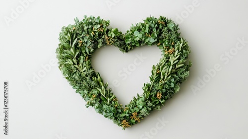 A heart-shaped wreath made of various green plants, set against a neutral background, This image is ideal for eco-friendly themes, romantic occasions, or decor designs,