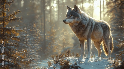 Majestic Wolf Standing in a Snowy Winter Forest