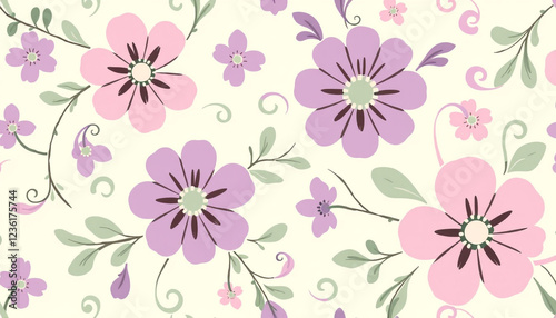 Wallpaper Mural Soft floral pattern featuring pink and purple flowers with delicate green leaves on a cream background, perfect for textiles, wallpapers, or stationery designs. Torontodigital.ca