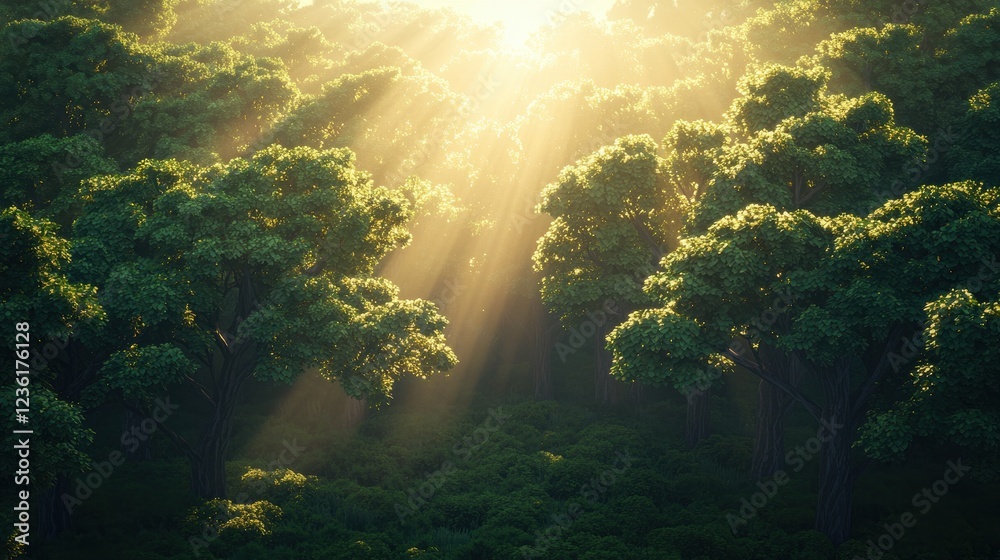 Obraz premium Sunlight Filtering Through Lush Green Forest Canopy in Nature