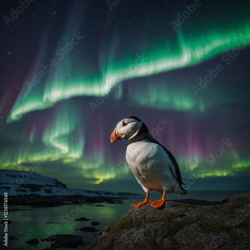 A delicate white puffin gazing at the northern lights.