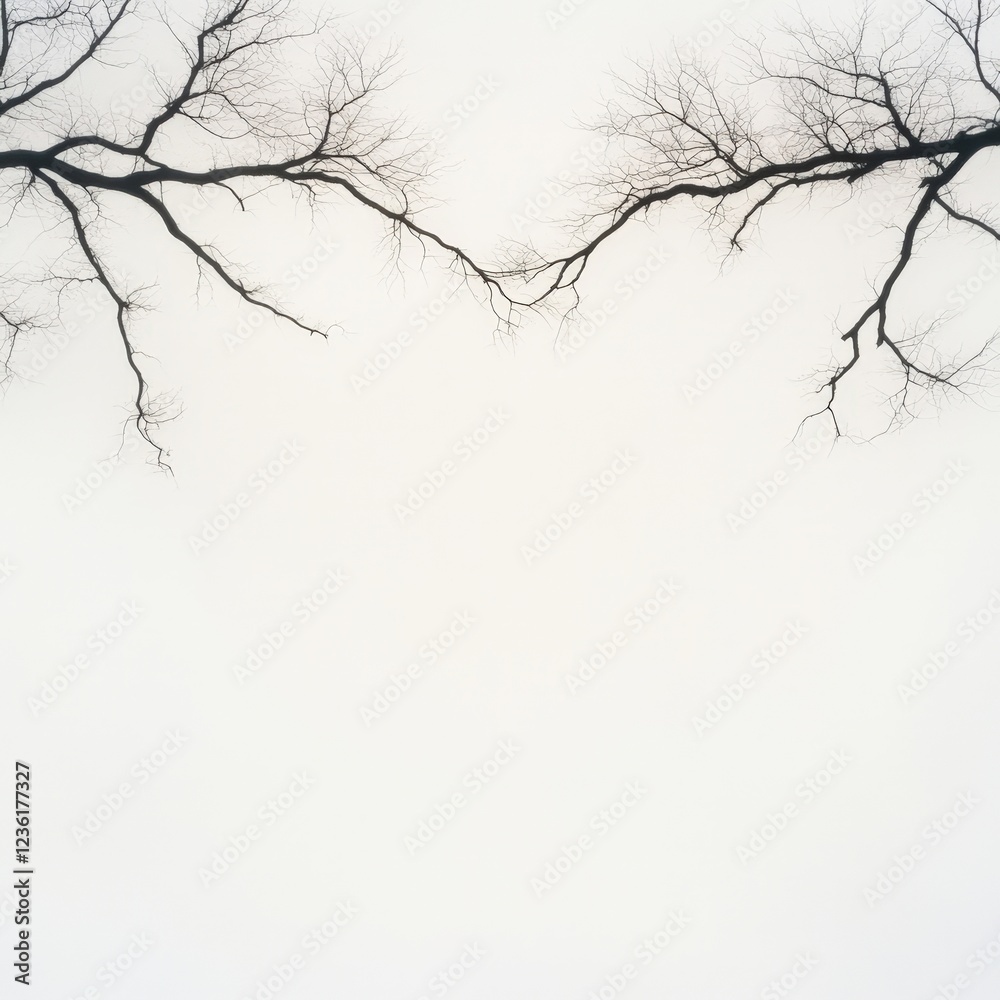 Fototapeta premium Silhouetted bare tree branches stretch across a muted sky, creating an artistic and minimalist composition, This image can be used for nature-related projects, background settings, or seasonal themes