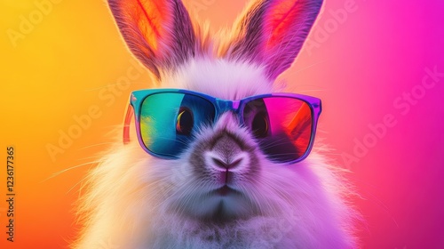 Rabbit wearing colorful sunglasses against a vibrant gradient background, perfect for playful and fun themes in branding or promotional materials. photo