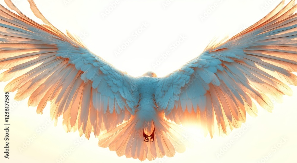 Fototapeta premium Wispy feathers of ethereal angel wings, casting a soft white glow of heavenly light, have a delicate texture that embodies celestial and divine grace, floating softly with an angelic, spiritual,