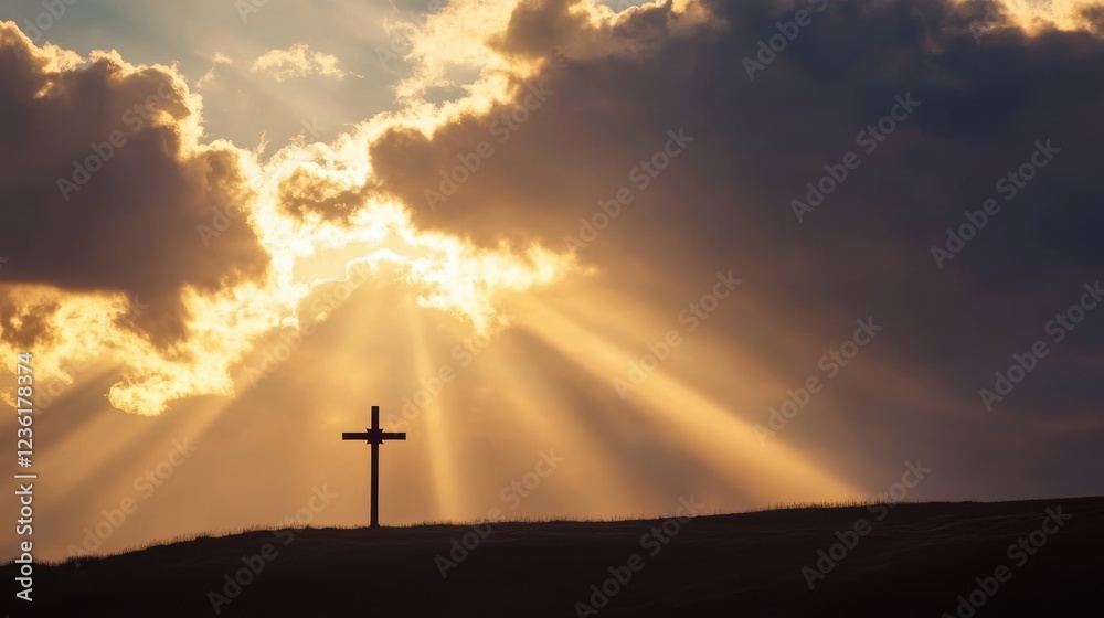 Cross silhouette against a dramatic sunset with rays of light breaking through clouds, symbolizing hope, faith, and spirituality in a serene landscape. Cross silhouette against a dramatic sunset with rays of light breaking through clouds, symbolizing hope, faith, and spirituality in a serene landscape.