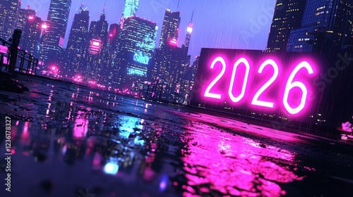 Futuristic Cityscape with Neon Sign and Reflections Featuring the Year 2026 in Vibrant Pink Against a Rainy Backdrop