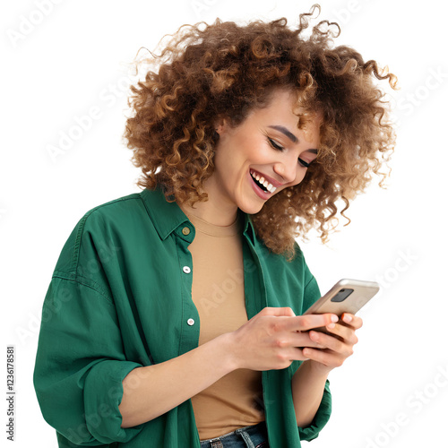 Happy Business Woman Holding Smartphone – Smiling Female with Curly Hair Using Mobile Phone, Social Media, Digital Communication, Isolated on Transparent Background, No Background