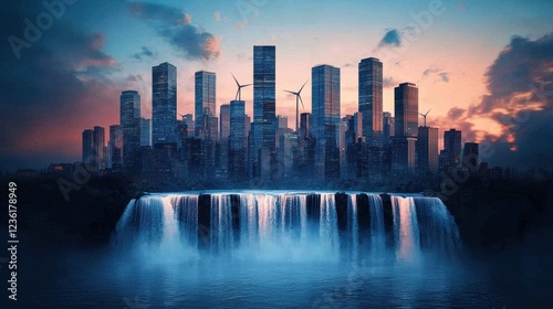 Majestic Waterfall Cascading in a Modern Cityscape at Dusk