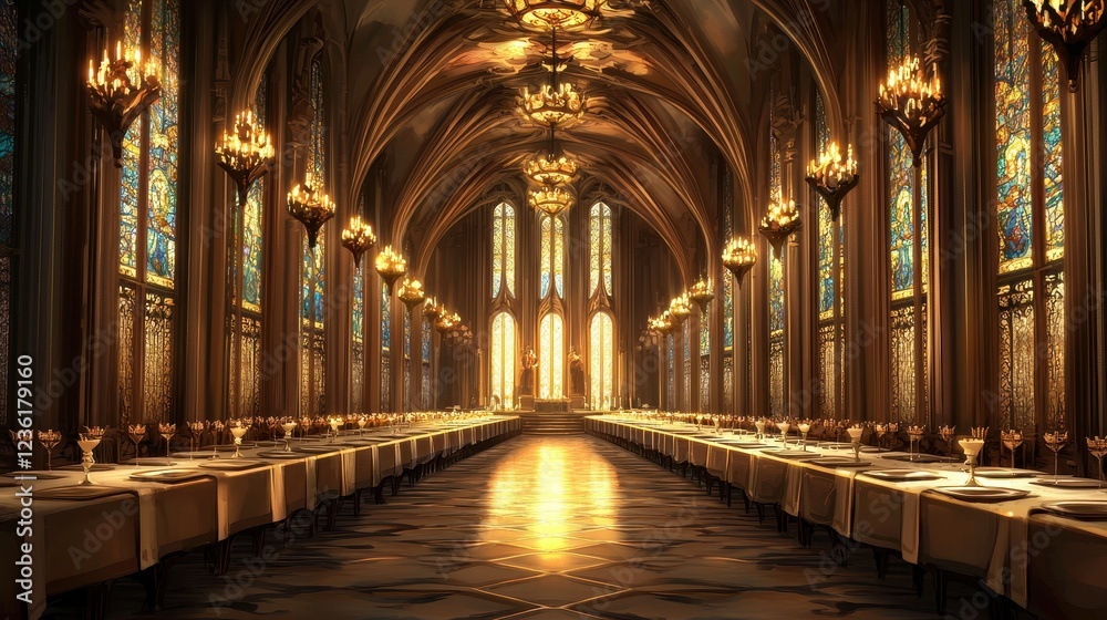 Obraz premium Stunning Grand Hall with Elegant Stained Glass and Golden Light