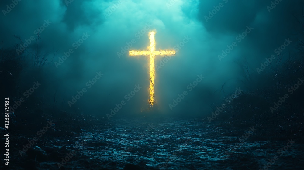 Naklejka premium A peaceful forest clearing with a glowing cross carved into a tree.