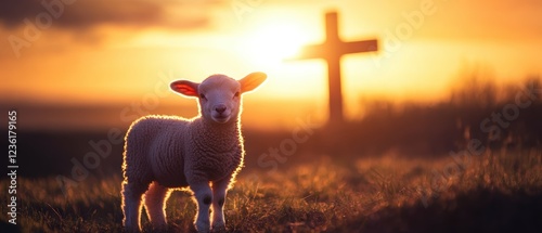 Lamb standing in a field at sunset with a cross in the background, symbolizing faith, purity, and renewal in a serene rural landscape.