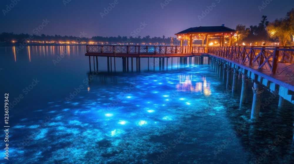 Serene Nighttime Scene of Illuminated Pier and Water Reflections Under Starry Sky Serene Nighttime Scene of Illuminated Pier and Water Reflections Under Starry Sky