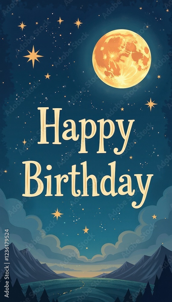 Fototapeta premium Happy Birthday Celebration Background with Festive Stars and Mountains