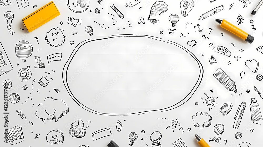 Obraz premium Blank Sketchpad Surrounded by Hand-drawn School Supplies and Doodles