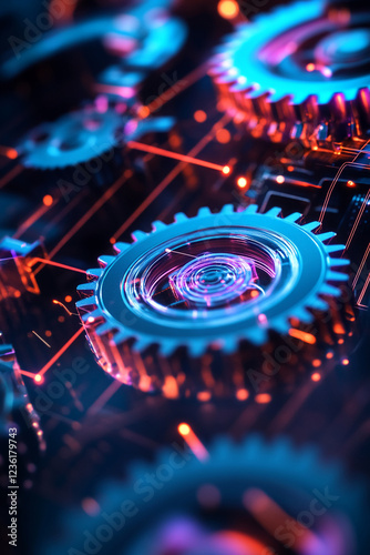 Close-up of gears and digital circuits, symbolizing the concept of innovation, digital technology, and advanced machinery in a futuristic, connected world. photo