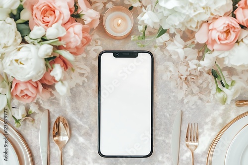 Blank iphone 16 mockup on a laid table during a party with white and blush pink decorations, spring floral garden, luxury chanel decorations