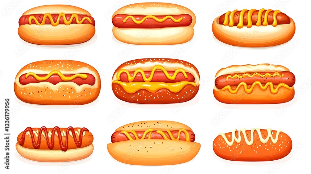 Hot dog variety showcase festival digital illustration in bright colors Hot dog variety showcase festival digital illustration in bright colors