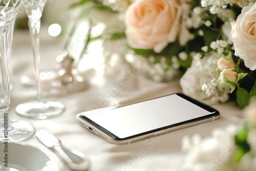 Blank iphone 16 mockup on a laid table during a party with white and blush pink decorations, spring floral garden, luxury chanel decorations