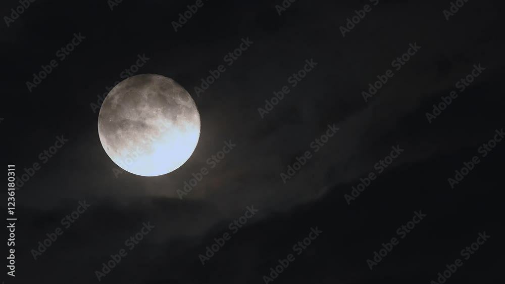 Experience the full moon rise through drifting clouds in stunning 4k time lapse on a dark night sky