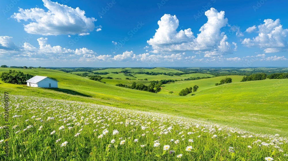 Fototapeta premium White barn on hilltop, sunny day, chamomile field, rolling hills