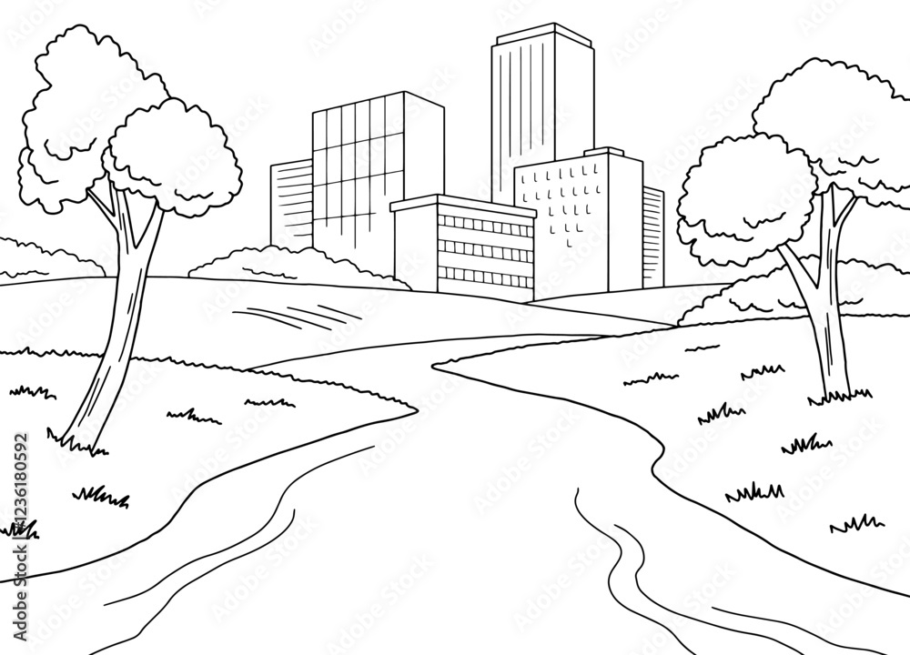 River city graphic black white cityscape skyline sketch illustration vector