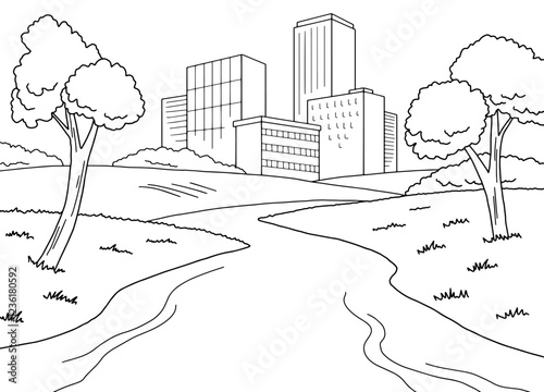 River city graphic black white cityscape skyline sketch illustration vector