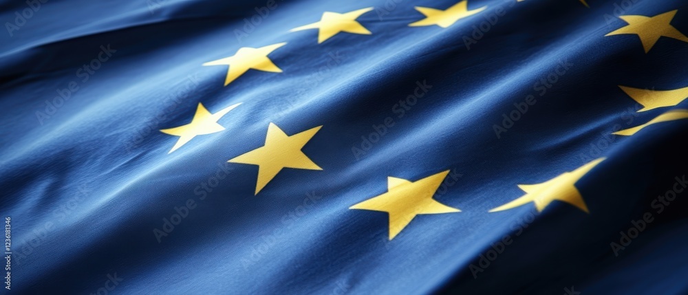 European Union flag waving in the wind, symbolizing unity, democracy, and cooperation among member states, ideal for political, cultural, or economic themes. European Union flag waving in the wind, symbolizing unity, democracy, and cooperation among member states, ideal for political, cultural, or economic themes.