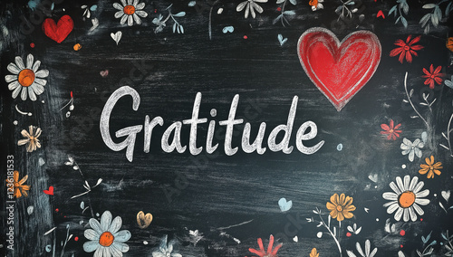 Chalkboard illustration highlighting the word 'Gratitude' surrounded by colorful flowers and a heart, emphasizing thankfulness and appreciation