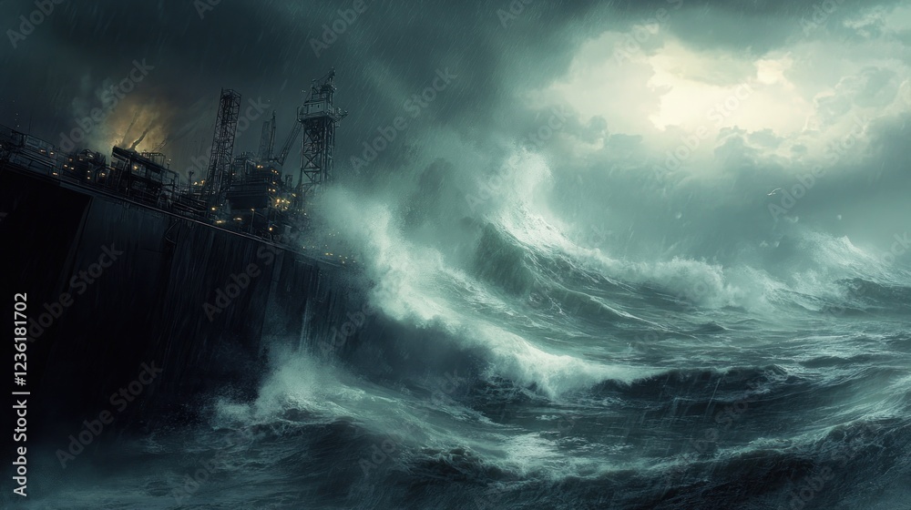 Offshore platform battered by massive storm waves and torrential rain. Offshore platform battered by massive storm waves and torrential rain.