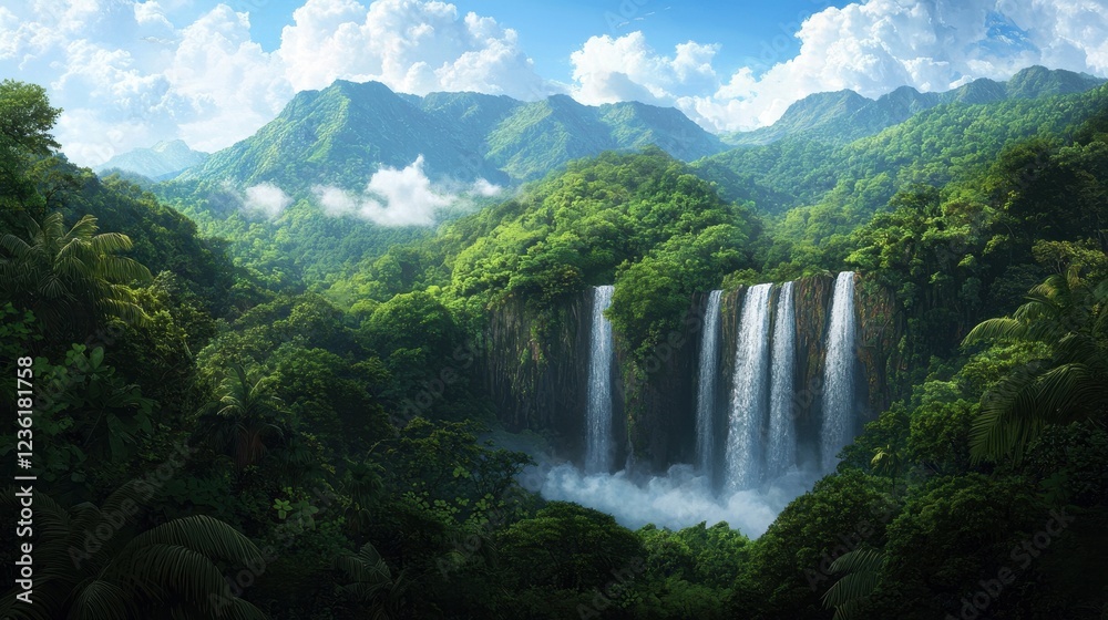 Fototapeta premium Majestic Waterfall Cascading into Lush Green Jungle Landscape