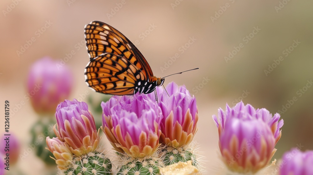 Desert butterfly feeding on purple cactus blooms Desert butterfly feeding on purple cactus blooms