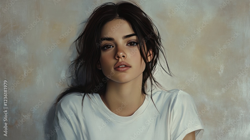 A dark-haired girl in a white t-shirt. She has an intense expression on her face and her head is slightly cocked to one side. She seems to be reflecting or looking thoughtfully. A dark-haired girl in a white t-shirt. She has an intense expression on her face and her head is slightly cocked to one side. She seems to be reflecting or looking thoughtfully.