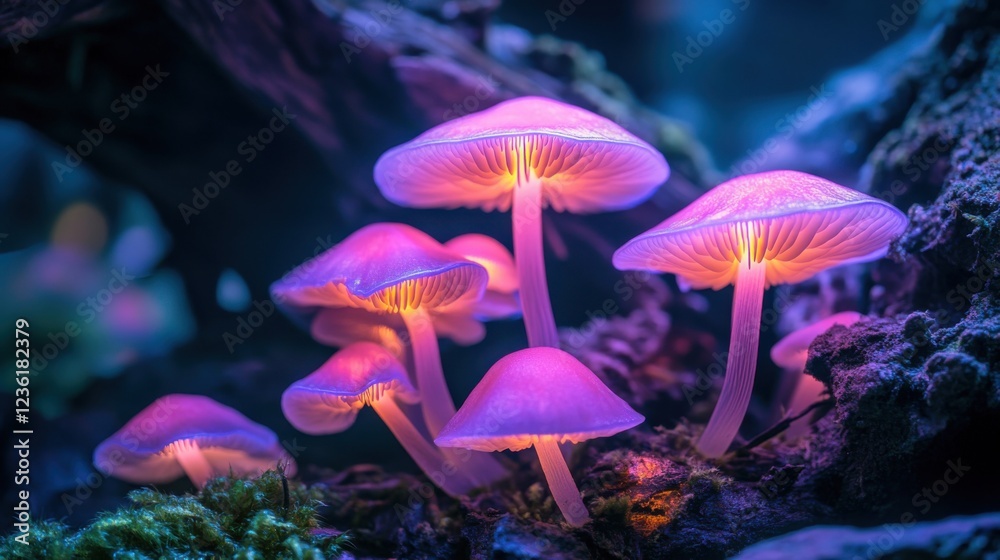 Fototapeta premium Ethereal Glow of Bioluminescent Mushrooms in Enchanted Forest Setting at Night