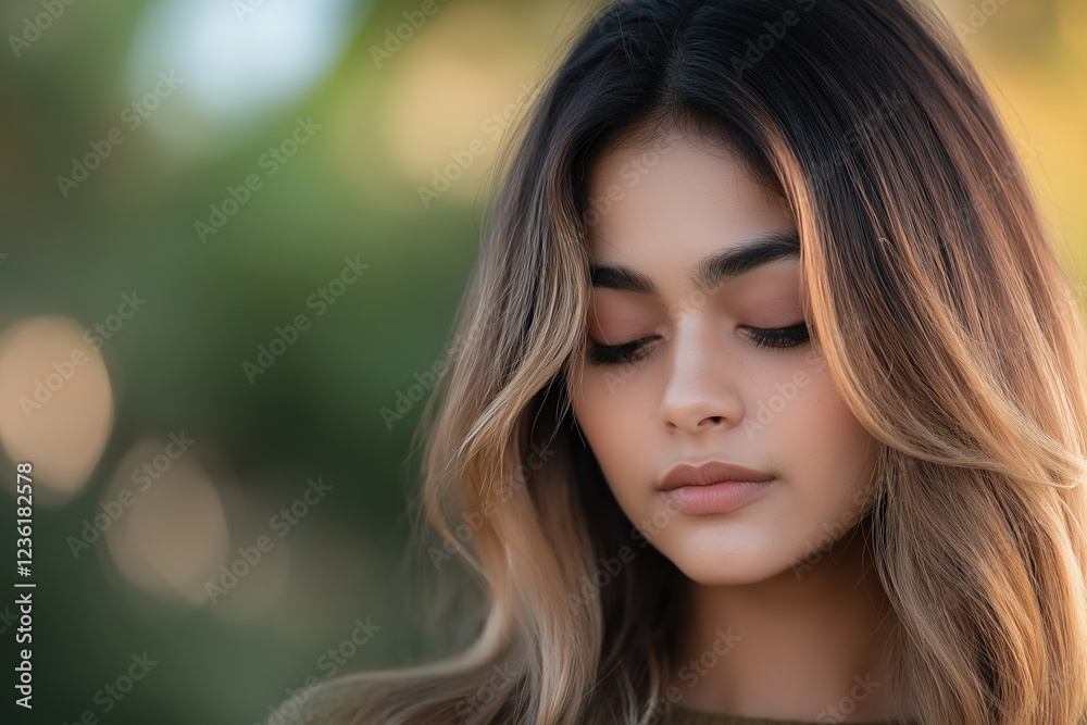 Young Hispanic woman with serene expression in natural outdoor setting Young Hispanic woman with serene expression in natural outdoor setting