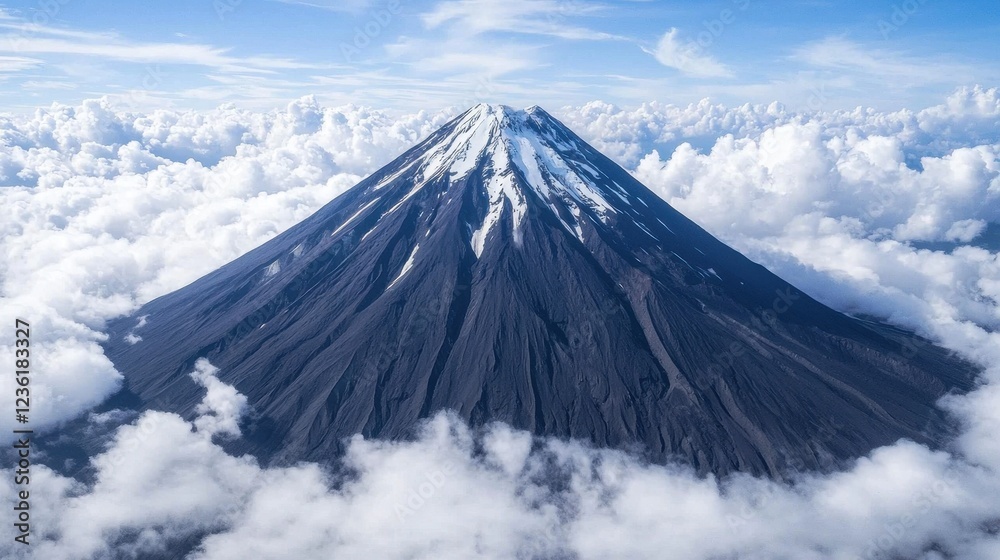 Majestic Snow-Capped Volcano Surrounded by Wispy White Clouds Majestic Snow-Capped Volcano Surrounded by Wispy White Clouds