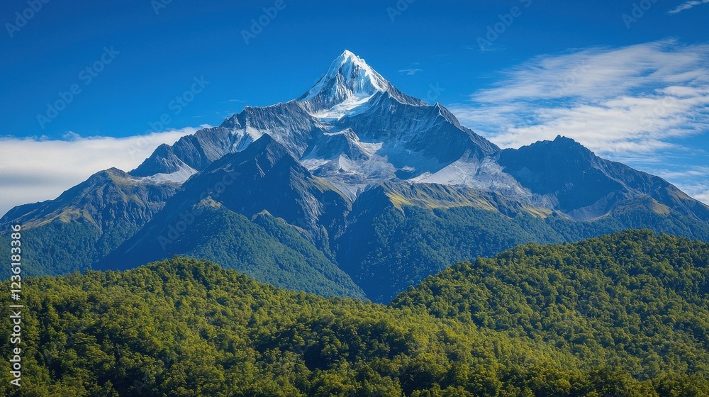 Fototapeta premium Majestic Snow-Capped Mountain Peak Surrounded by Lush Green Forests