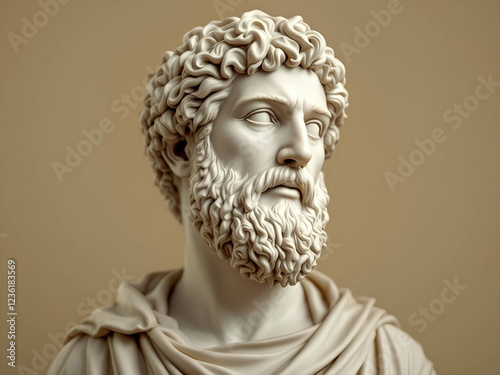 Marble sculpture of the ancient Greek philosopher and sage, bust of the ancient thinker on a beige background  photo