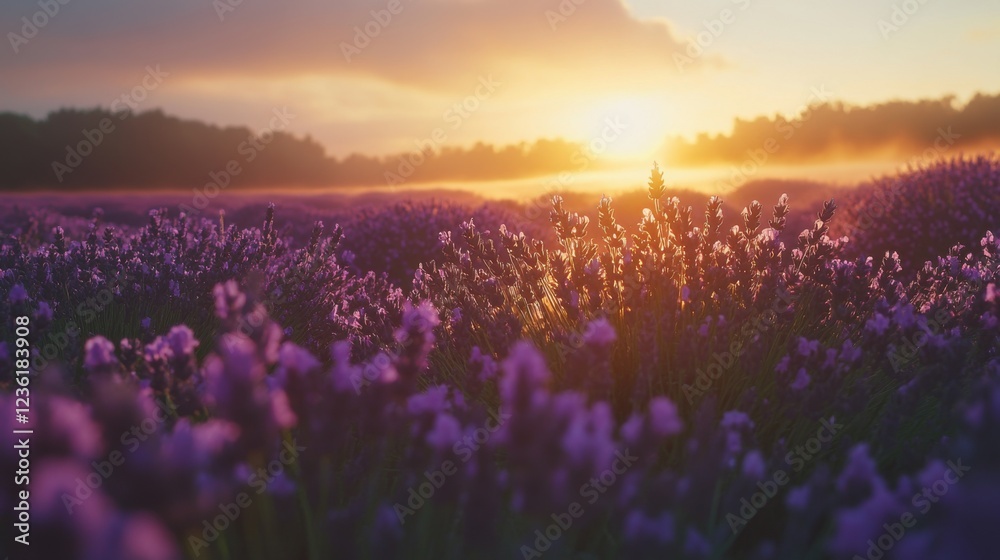 Naklejka premium Sunrise Over Lavender Fields with Beautiful Purple Blooms and Soft Light Illuminating Scenic Landscape