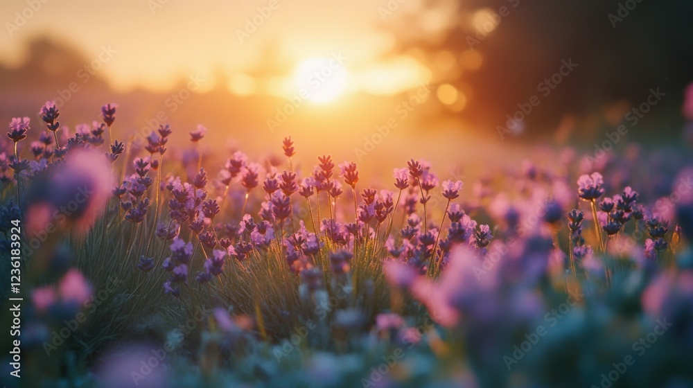 Naklejka premium Sunlit Lavender Field at Dawn with Soft Focus and Beautiful Sunrise in Background