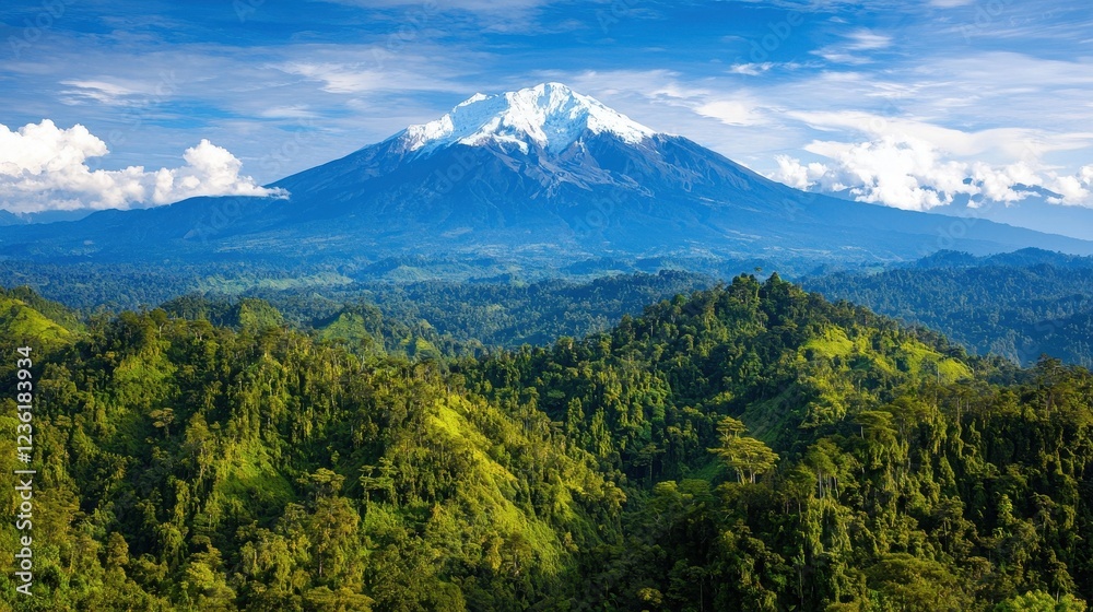 Majestic Mountain and Lush Green Hills Under Bright Blue Sky Majestic Mountain and Lush Green Hills Under Bright Blue Sky