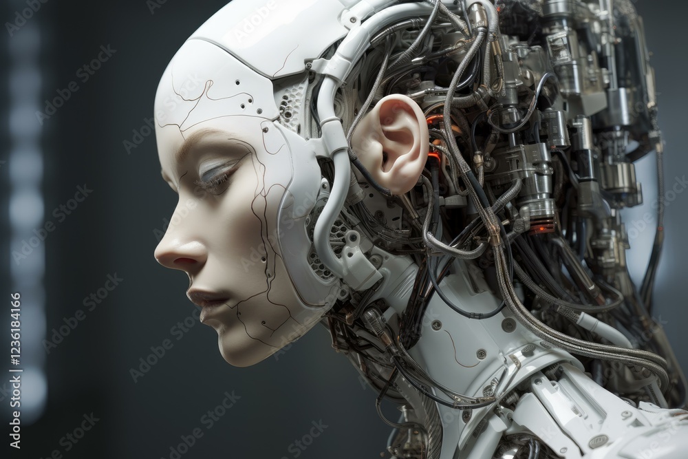 Fototapeta premium Profile of a female cyborg exposing complex internal mechanics and futuristic artificial intelligence technology