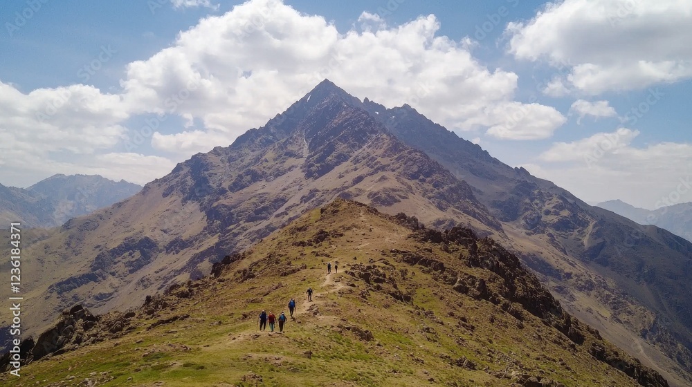 Fototapeta premium Hikers Explore Rugged Mountain Trail Under Sunny Blue Sky